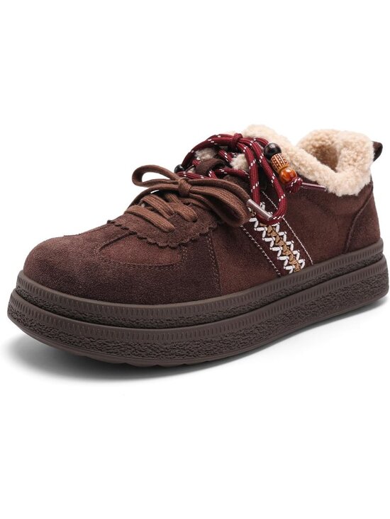 Shoes - Women's Brown Coffee Suede Comfortable Lace Up Slip On Warm Classic Loafer Shoes